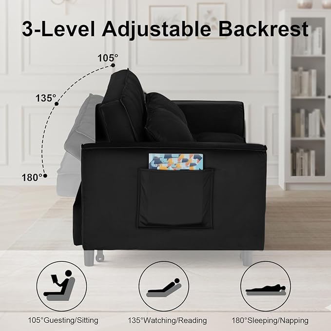 3 in 1 Convertible Sofa Bed Pull Out Couch with Adjustable Backrest Velvet Sleeper Sofa Loveseat with Pillows and Side Pockets for Living Room Bedroom Apartment Black