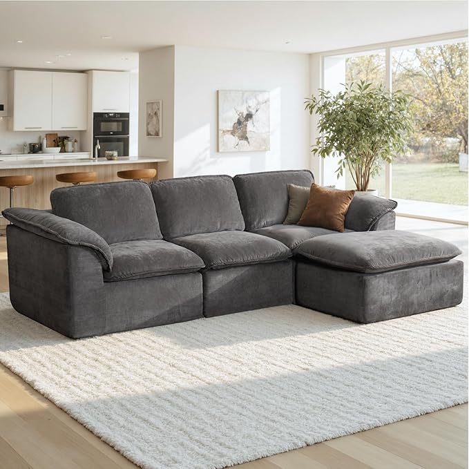 112 Cloud Couch Sectional with Padded Armrests &amp Moveable Ottoman Boneless Sectional Couches for Living Room Dark Grey Couch No Assembly Required