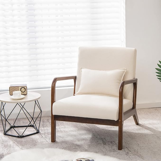 MAT EXPERT Mid Century Accent Chair Modern Sofa Armchair with Solid Wooden Frame Soft Padded Cushion &amp Linen Fabric Upholstered Living Room Reading Chair with Pillow for Bedroom Balcony
