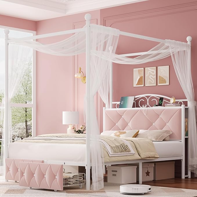 Queen Upholstered Canopy Bed Frame with 2 Drawers &amp Crystal Tufted Storage Headboard Two-Purpose Metal Platform Bed with 4 Removable Posts &amp Charging Station Pink Princess Bed Curtain Not Inc
