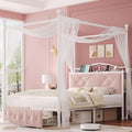 Queen Upholstered Canopy Bed Frame with 2 Drawers &amp Crystal Tufted Storage Headboard Two-Purpose Metal Platform Bed with 4 Removable Posts &amp Charging Station Pink Princess Bed Curtain Not Inc