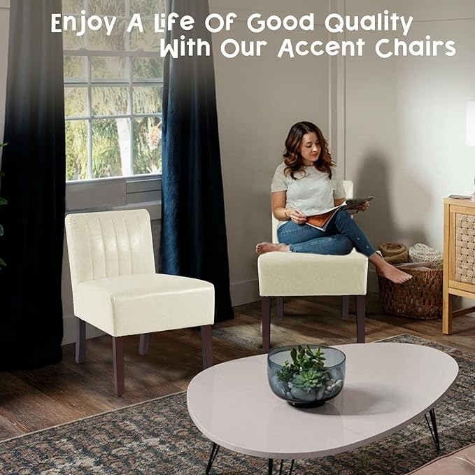 Armless Accent Chairs Upholstered Bedroom Chairs Living Room Chairs with Solid Wood Leg Leather Reading Chair for Adults Comfy Chair for Bedroom Vanity Kitchen (Beige)