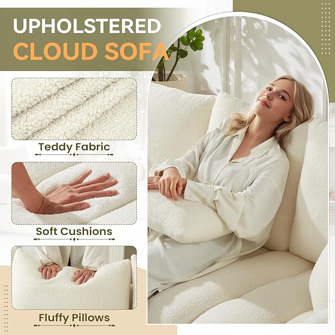 Modern Accent Chair 36.8W Teddy Bouclé Comfy Armchair with 3 Pillows Tufted Upholstered Cloud Single Sofa Chairs Deep Seat Reading Lounge Chair for Living Room Bedroom Office Apartment(Beige)