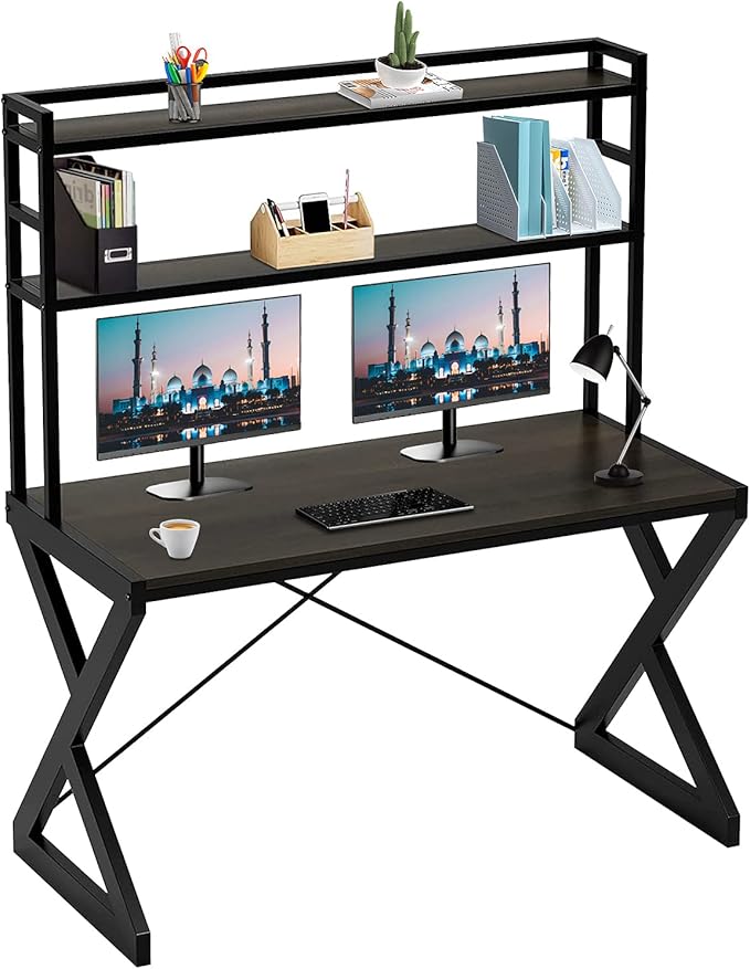 47 Industrial Desk with Shelves Study Writing Ladder Desk with Bookshelf Computer Desk with Hutch PC Workstation Gaming Table for Home Office Metal Frame Brown