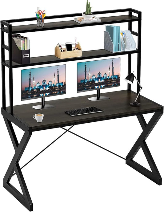 47 Industrial Desk with Shelves Study Writing Ladder Desk with Bookshelf Computer Desk with Hutch PC Workstation Gaming Table for Home Office Metal Frame Brown