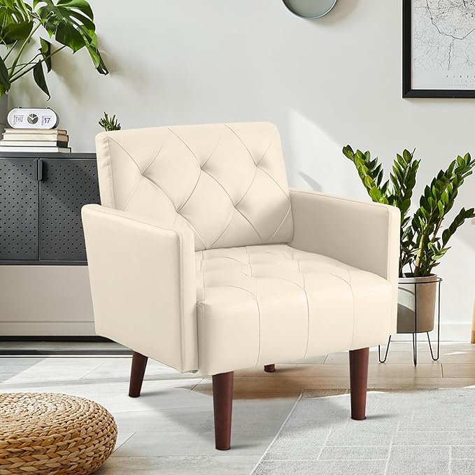 Modern Accent PU Chair Living Room Chair Upholstered Single Sofa with 4 Sturdy Legs Contemporary Reading Chair for Living Room Reading Room Bedroom (Cream)