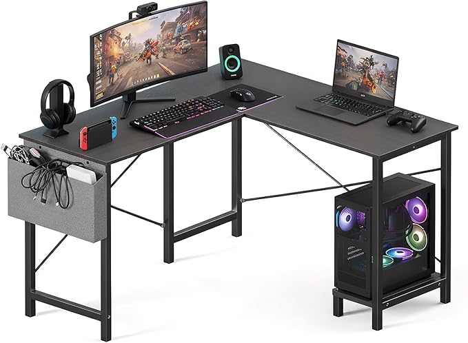 OLIXIS L Shaped Desk 50-Inch Office Computer Gaming Desks Corner PC Table with Side Bag and Reversible Shelf for Home Work Study Writing Black