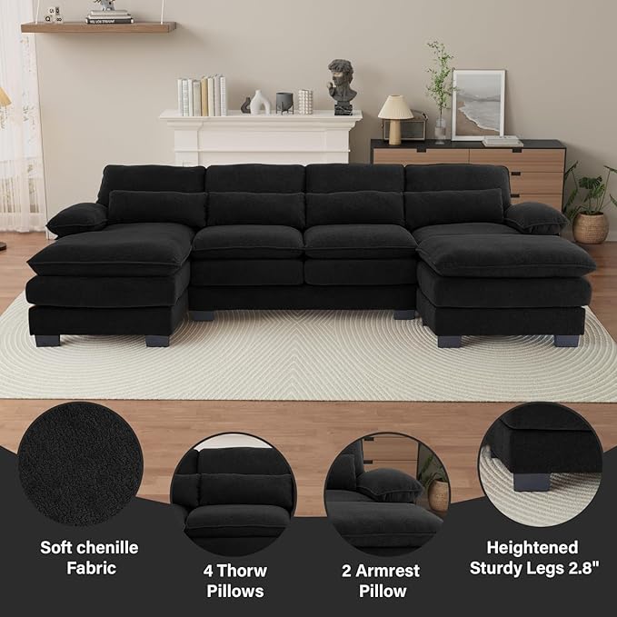 OUYESSIR 114 U Shape Sectional Cloud Couch with OttomanFluffy Sectional Couches for Living Room4 Seater Modular Sectionals SofaComfy Cloud Sofas &amp Couches with 4 PillowsBlack
