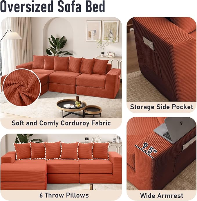 102 Upgraded L-shaped Modular Sectional Couches for Living Room Convertible Oversized Sleeper Sofa Bed-Luxury 1.5 Queen Bed. 11-in-1 Multifunctional Corduroy Boneless Folding Futon Couch Orange.
