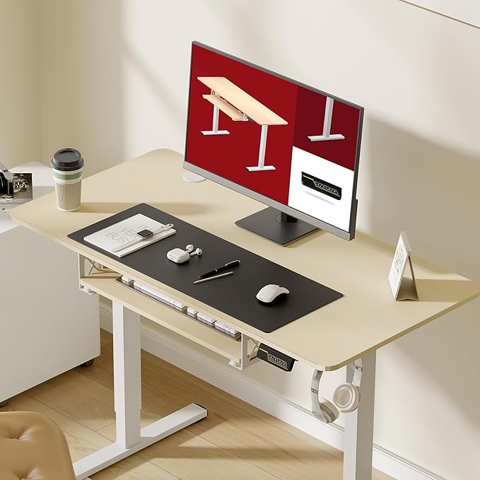 SANODESK Standing Desk with Keyboard Tray 48 × 24 Inches Electric Height Adjustable DeskSit Stand up Desk with Splice Board Home Office Desk Computer WorkstationWhite Frame/Maple Top