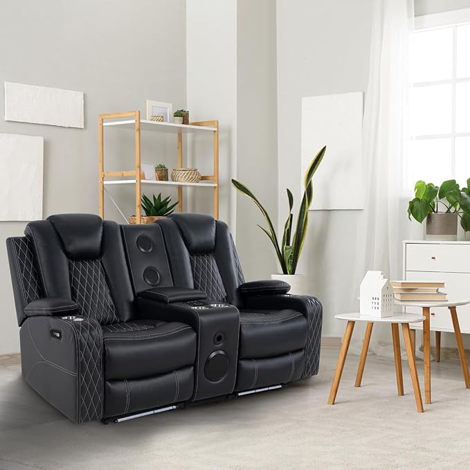 Chicago Home Theater Recliner Chair – Bluetooth Speakers Wireless Charging Power Recline Adjustable Headrest LED Lighting Cup Holders &amp Premium Faux Leather for Ultimate Comfort