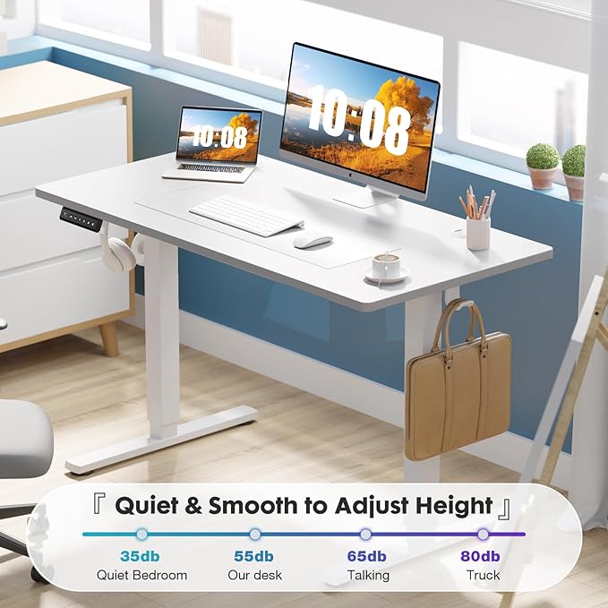 Sweetcrispy Electric Standing Desk Adjustable Height 48x24 Inch Sit Stand Up Home Office Desks Computer Workstation PC Work Table with 3 Memory Preset Splice Wood Board Metal Frame White