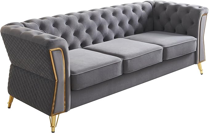 KEIKI 87 Chesterfield Velvet Button Tufted Sofa with High Density Foam Cushions Modern Style 3-Seater Couch with Gold Strip Trim Decoration Easy Assembly for Apartment Living Room Office Grey