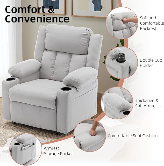 Power Recliner Chair Upholstered Recliner Heating Vibration Massage with Side Pockets Side Table &amp 2 Cup Holders for Living Room &amp Home Theater (Grey)
