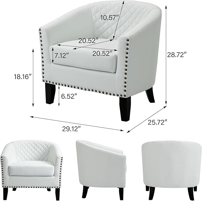 Accent Barrel Chair Upholstered Faux Leather Club Chair with Nailed Trim Comfy Reading Armchair for Living Room Bedroom Reception Room Office (White Set of 2)