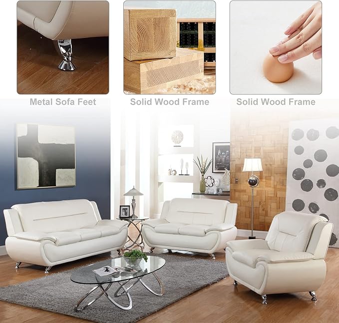 Living Room Furniture Set for Living Room Faux Leather Couch Sets Modern Couch for Apartment Home Office(3 Piece SetCream)