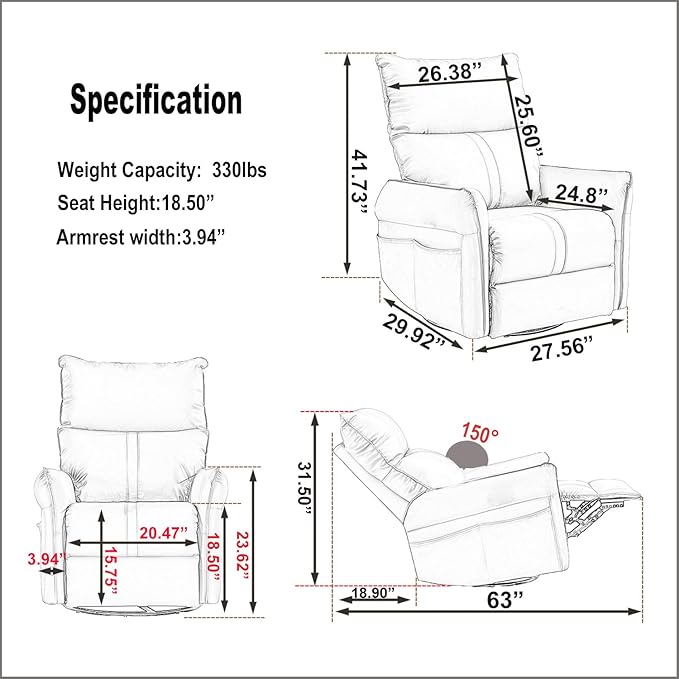Ball &amp Cast Power Recliner Chair with USB and Type-c Ports270° Swivel Rocker Recliner Sofa W/Padded BackrestInfinite Position Power Lift Chairfor Living RoomBedroomHome TheatersBrown