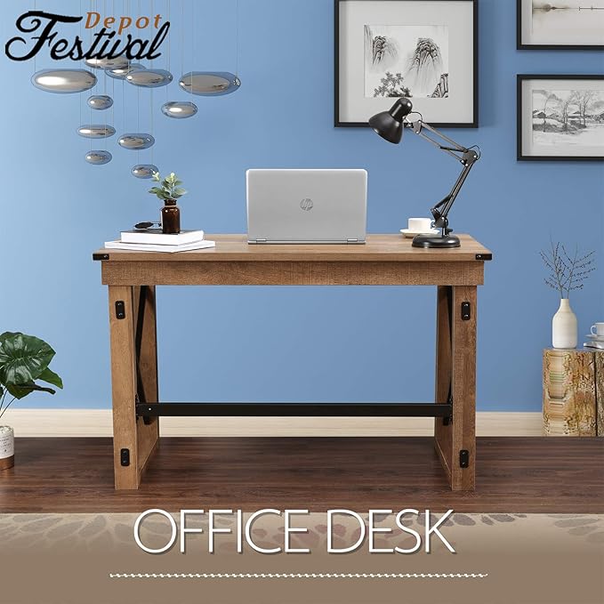 Festival Depot 47.5 Writing Computer Desk Large Home Office Desk in Industrial Style with Pull-Out Keyboard Tray Black Metal and Wood Appearance Laptop Table for Game Study