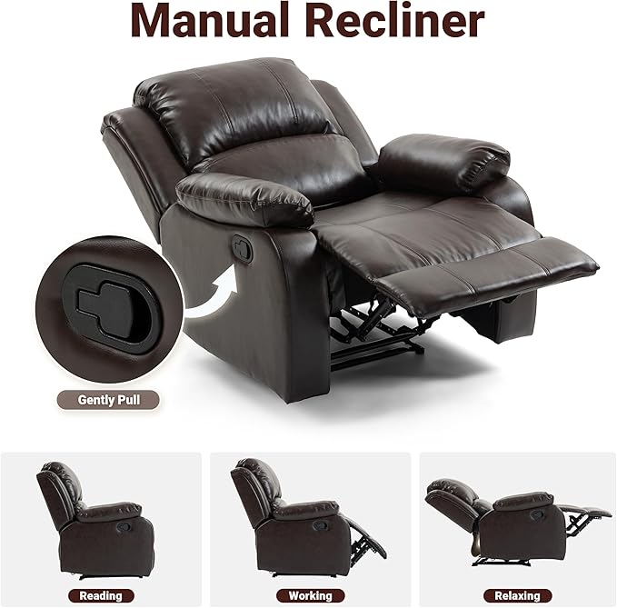 Manual Recliner Chair Adjustable Push Back Leather Reclining for Living Room Reddish Brown