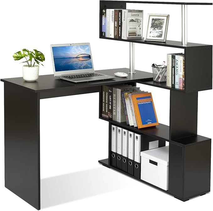41.7 L Shaped Desk with 4-Tier Storage Shelves Computer Corner Desk for Study Home Office Living Room (Black)