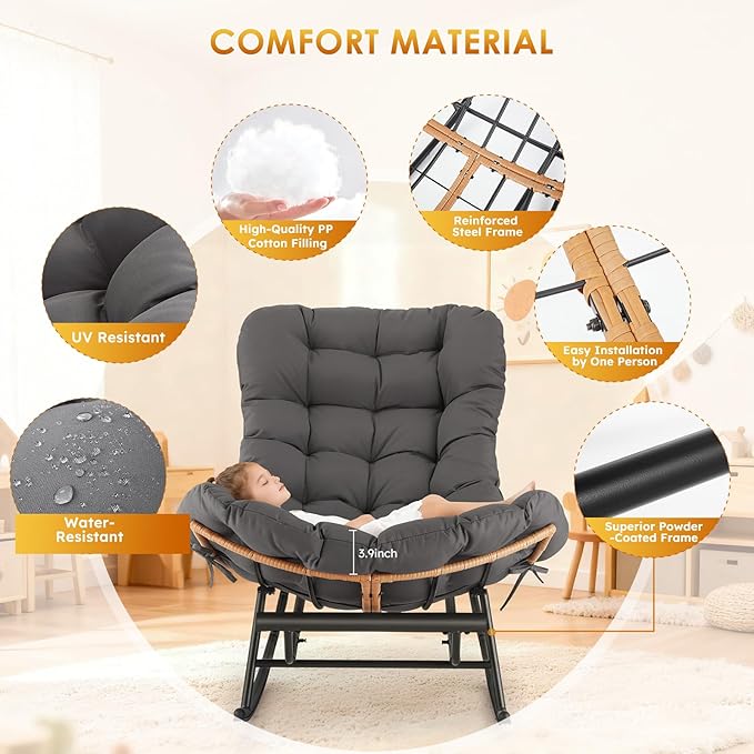 GarveeHome Indoor Papasan Rocking Chair Rattan Rocker with Extendable Footrest &amp Detachable Polyester Cushion 352lbs Sturdy Large Reading Lounge for Indoor Bedroom Living Room Dark Grey