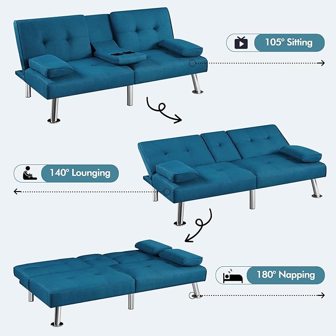 Yaheetech Convertible Sofa Bed Adjustable Fabric Couch Sleeper Modern Recliner Reversible Loveseat Folding Daybed Guest Bed Removable Armrests Cup Holders 3 Angles 772lb Capacity Aqua Blue