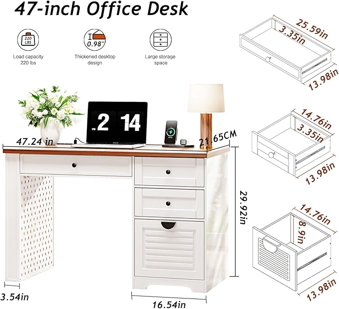 47 Home Office Desks Executive Desk Farmhouse Computer Desk with Drawers and Charging Station File Drawer Storage Cabinet Rustic Computer Writing DeskAntique White