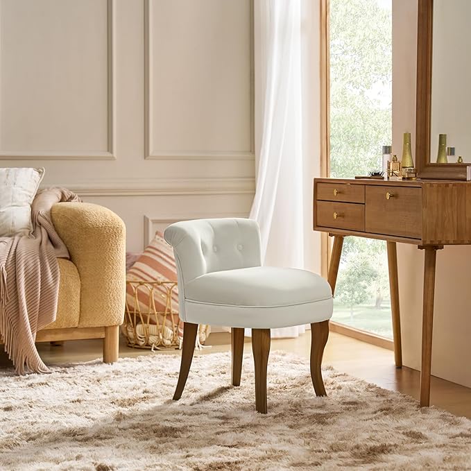 Modern Velvet Vanity Chair with with Solid Wood Legs Upholstered Vanity Stool with Low Back Small Makeup Chair Home Decor for Bedroom Living Room Dressing Table Women Girls