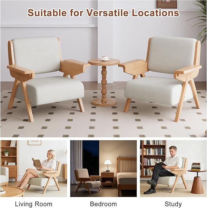 Accent Chair Mid Century Modern Chair Velvet Upholstered Lounge Arm Chair with Solid Wood Cozy Reading Chair for Living Room Bedroom Balcony(White)