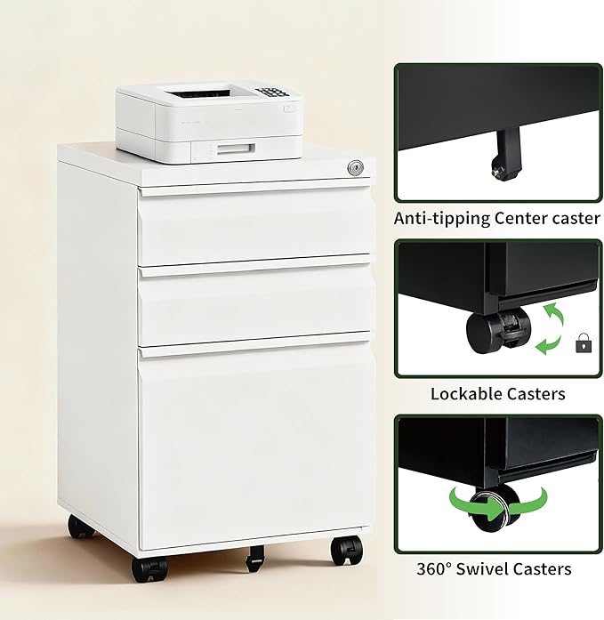 3 Drawer File Cabinet with LockRolling Mobile File Cabinet with Wheels for Home OfficeUnder Desk Metal Filing CabinetOffice Storage OrganizerFully AssembledWhite