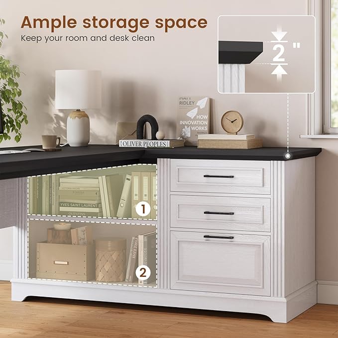 SEDETA Farmhouse 61 Executive L Shaped Desk Home Office Desk with File Drawers Computer Desk with Power Outlets and Storage Shelves for Home Office White