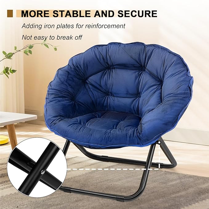 Grezone Folding Saucer Chair Lazy Moon Chair with Metal Frame Comfy Bedroom Chairs for Bedroom Living Room Study Navy