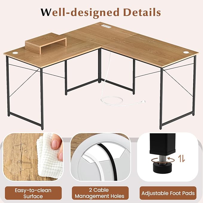 Giantex L Shaped Computer Desk 59 Inch Reversible Corner Desk with Power Outlet and USB Ports &amp Monitor Stand Wooden Writing Desk Gaming Table for Home Office Room Small Space (Natural)