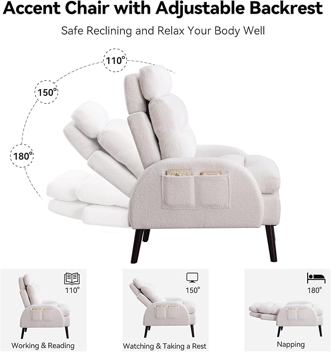Accent Chair with Ottoman Set Comfy Reading Chair and Ottoman Modern Oversized Lounge Armchair with Adjustable Backrest for Living Room Bedroom Teddy White
