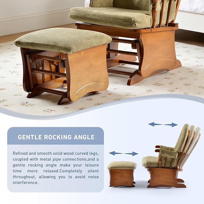 Solid Wood Glider Rocking Chair with Ottoman Set - Stylish Modern Nursery Glider Rocker with Thick Padded Cushion Smooth Gliding Motion for Living Room Nursing Reading - 280LBS Capacity Khaki