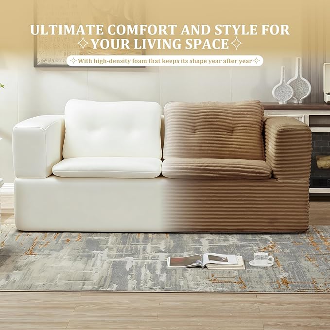 Convertible Sectional Folding Sofa Bed 80 Futon Floor Couch with Accent Chaise Modular Sleeper Loveseat Boneless Cloud Corduroy Couches for Living Room Guest Room No Assembly Required Camel