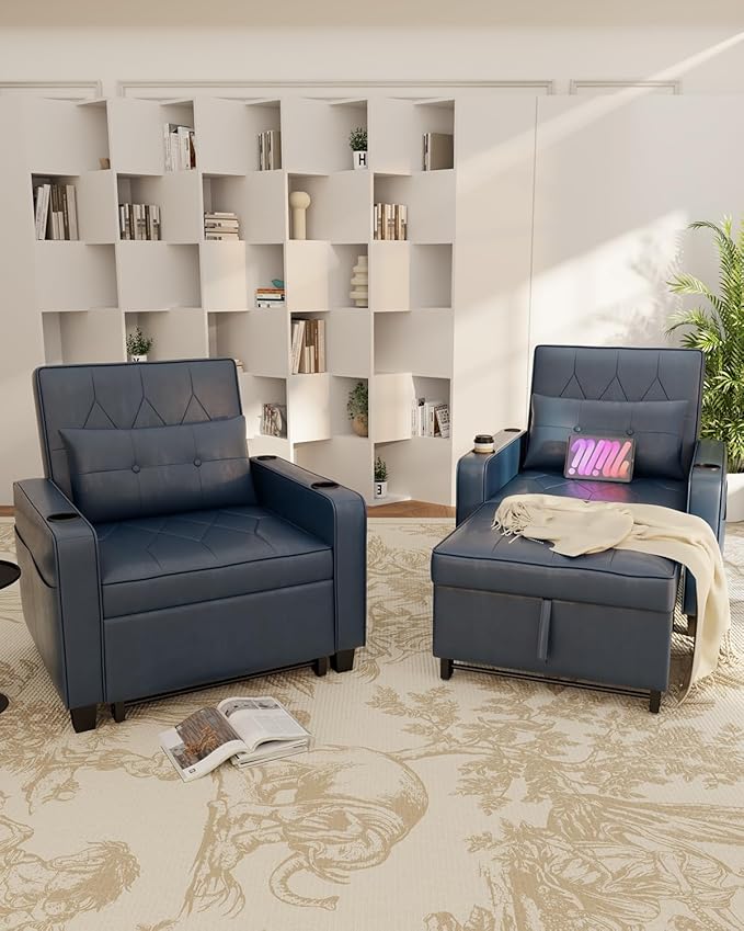 AILEEKISS 3 in 1 Convertible Sleeper Chair Bed Pull Out Leather Sofa Chair Bed with Cup HoldersUSB &amp Type C PortsSide Pockets Sleeper Single Sofa Couch for LivingroomApartmentOffice(Blue)