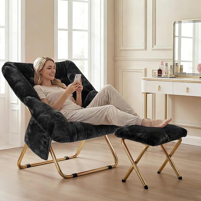 Comfy Saucer Chair for Adults Foldable Living Room Chairs Soft Faux Fur Lounge Chair for Bedroom Reading Chairs X-Large (Ottoman-Black)