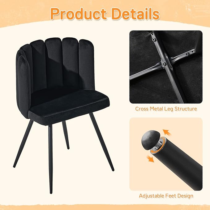 CLIPOP Living Room Barrel Accent Chair Modern Velvet Kitchen Dining Chair Vanity Chair with Metal Leg Scalloped Silhouette Cozy and Soft Padded Armless Leisure Makeup Chair for Bedroom Black