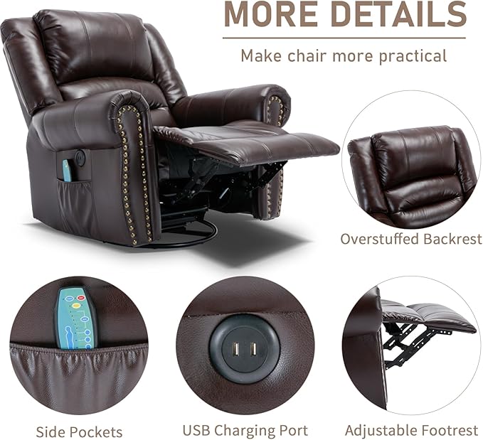 Manual Massage Swivel Rocker Recliner with Heat and Vibration 360° Swivel Glider Rocking Recliner Chair Classic Living Room Lounge Recliners with Side Pockets &amp USB Ports Brown