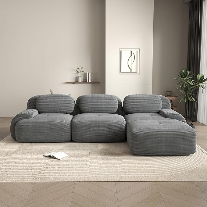 116 Modern Boneless Couches for Living Room Corduroy Cloud Couch Sectional Grey Modular Sectional Sofa 3 Seater with 1 Ottoman Sofas para Sala L Shape Sofas &amp Couches (Gray 3+1 Set)