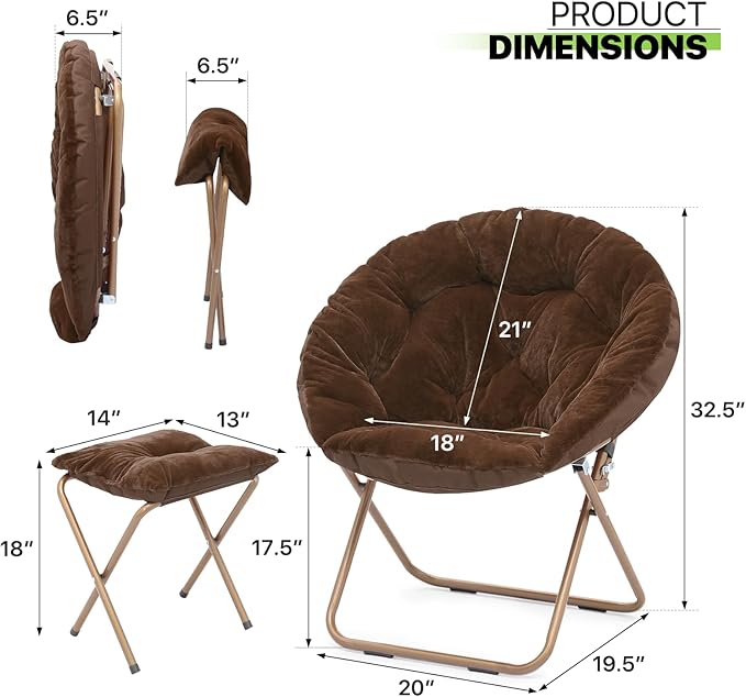 Magshion Folding Saucer Chair for Adults with Ottoman Circle Reading Chair for Bedroom Living Room &amp Dorm Furry Comfy Accent Seat with Metal Leg &amp Thick Padded for Small Spaces (Brown 1 Pa