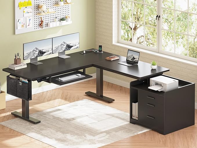 SEDETA L Shaped Electric Standing Desk with File Cabinet 63 x 53'' Height Adjustable Home Office Computer Desk with Drawers Power Outlet Stand up Gaming Table with Led Lights Keyboard Tray Black