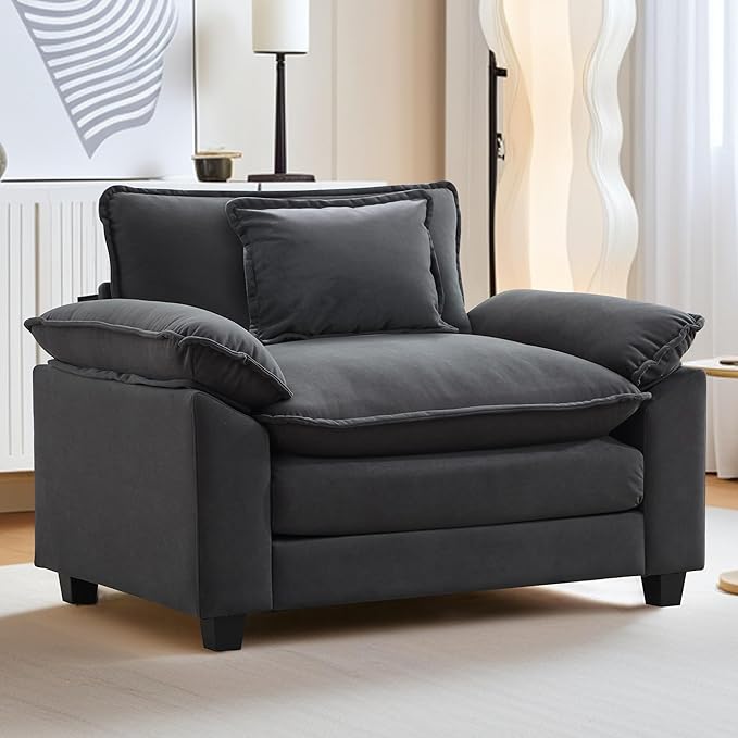 URRED Cloud Couch Accent Chair with Ottoman Oversized Velvet Armchair with Deep Wide Seat and Upholstered Armrests – Modern Lounge Chair for Bedroom or Living Room (Dark Gray 2 Chairs)