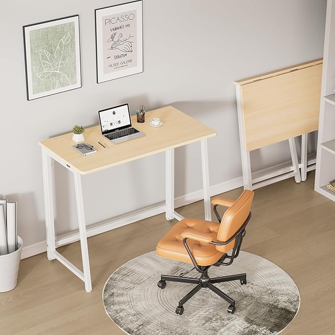 DUMOS 31.5 Inch Folding Desk Foldable Computer Table for Small Spaces Metal Frame Gaming Writing Work Station Mini Home Office Surface Oak