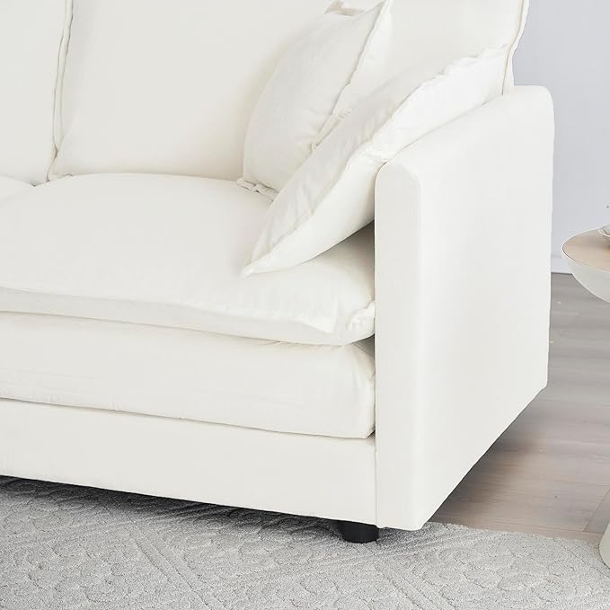 111.5 Sectional Sofa Couch for Living Room Modern Upholstered Sofa 3 Seater Couch with Pillows Deep Seat Sofa Furniture for Apartment Office Chenille Fabric Cream White