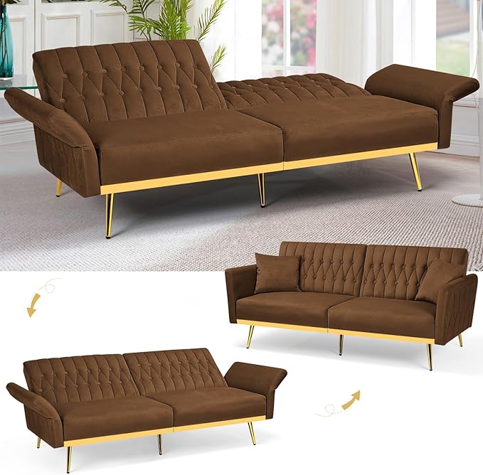 70” Velvet Futon Sofa Bed with 2 Pillows and Adjustable Armrests Convertible Sleeper Bed W/Adjustable Backrests Modern Loveseat for Living Room Bedroom Brown