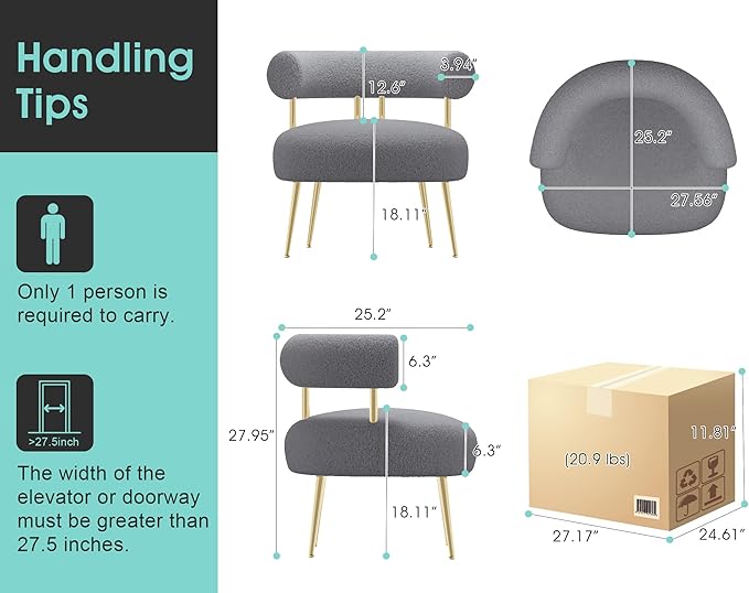 Mid Century Sherpa Boucle Accent Chair Round Upholstered Barrel Arm Chair for Small Spaces Fluffy Side Corner Sofa Chair for Living Room Bedroom Vanity Office Reading Nook(Grey)