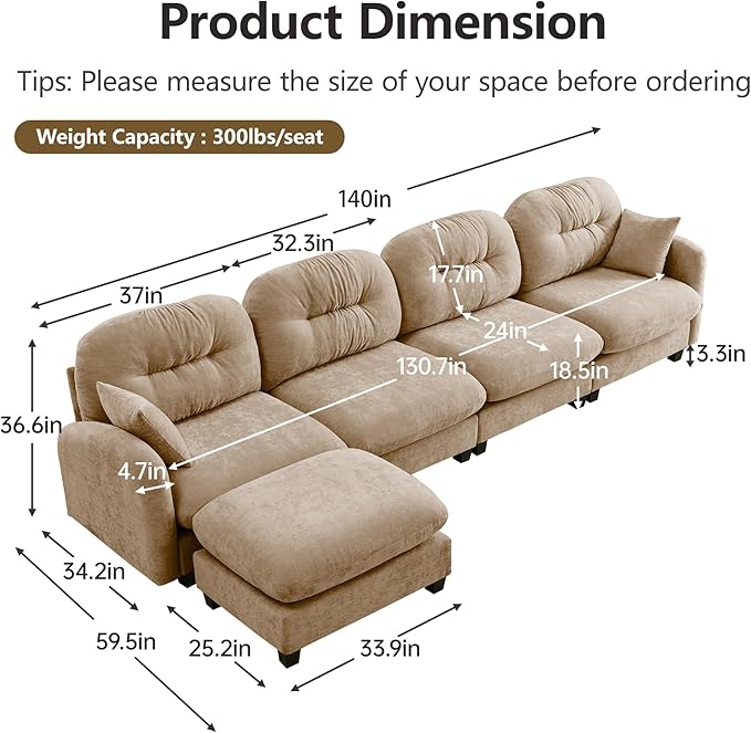 Cloud Couches for Living Room Modular Sectional Sofa 140 L-Shape Modular Couch with Movable Ottoman Oversized Sectional Couch with Deep Seat Camel