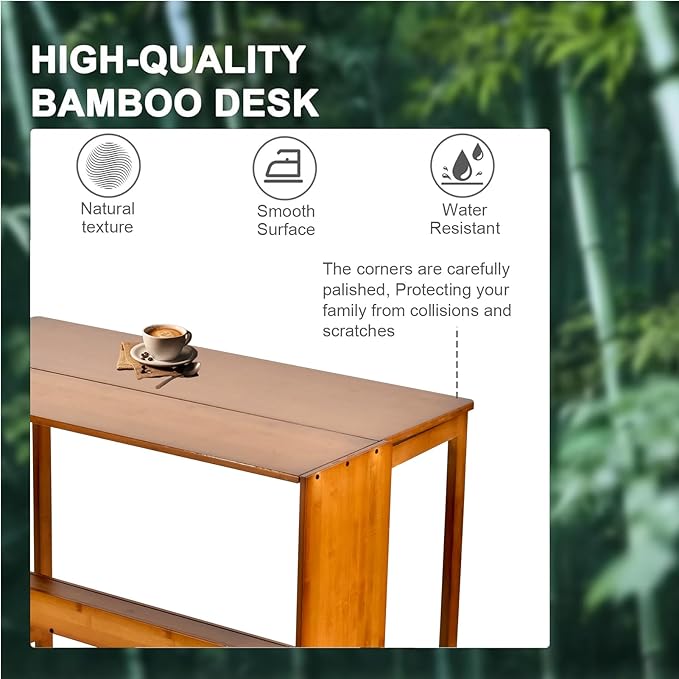 Bamboo Folding Desk with BookshelfFolding Computer Table Multipurpose Table with Bookshelf Wooden Workstation Standing Work Desk for Home and Office Living Room Bedroom Kitchen